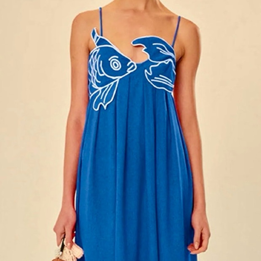 πΊπHPππΊ NWT Farm Rio Blue Fish Top Maxi Dress - Picture 2 of 16